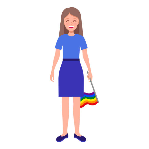 brązowowłosa kobieta trzymająca tęczową flagę biorąca udział w paradzie równości. - gay pride flag image lesbian homosexual stock illustrations