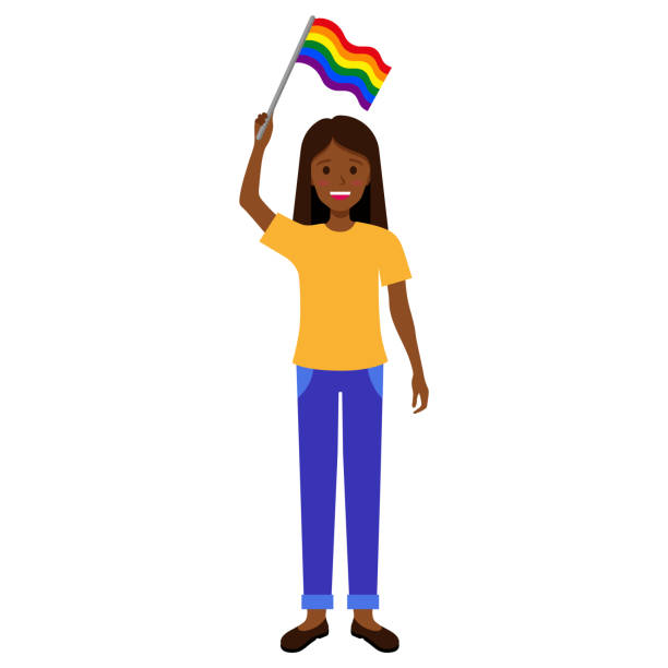 ilustraciones, imágenes clip art, dibujos animados e iconos de stock de mujer morena negra con bandera arcoíris participando en el desfile del orgullo. - rainbow gay pride homosexual homosexual couple