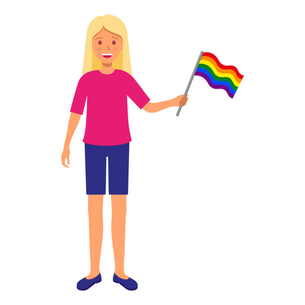ilustraciones, imágenes clip art, dibujos animados e iconos de stock de mujer rubia con bandera arcoíris participando en el desfile del orgullo. - rainbow gay pride homosexual homosexual couple
