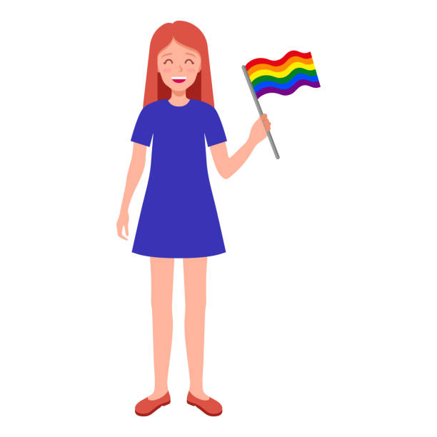 ilustraciones, imágenes clip art, dibujos animados e iconos de stock de mujer de cabello rojo sosteniendo la bandera del arco iris participando en el desfile del orgullo. - rainbow gay pride homosexual homosexual couple