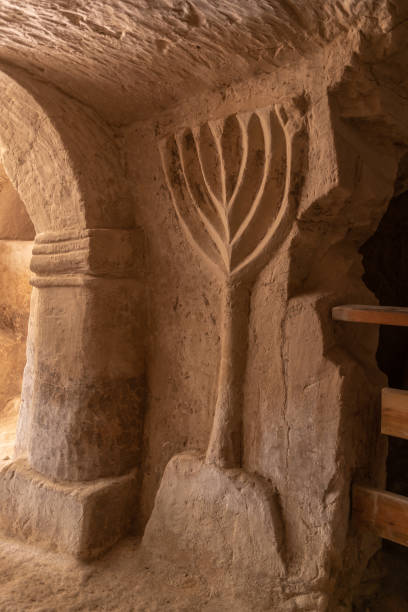 cave of the warrior and the menorah in themenorah caves compound at bet she'arim in israel - hanukkah menorah judaism religion imagens e fotografias de stock