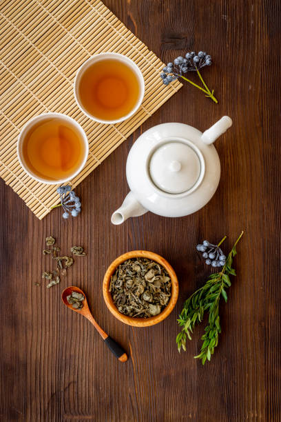 istock Tea drinking with white teapot and black tea in two cups 1352743173