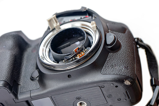 Damaged DSLR camera, background with copy space, full frame horizontal composition