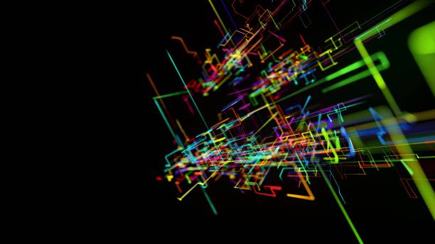 istock 3d rendering sci-fi bg like abstract hologram. Multicolor neon glow lines form digital 3d space. Connection concept, visualization of multiple calculations of various branches neural network or AI 1352744402