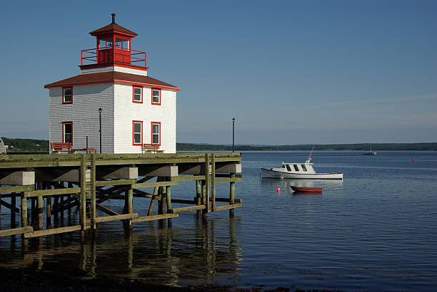 Tall ship sailing past a light house on a summer day