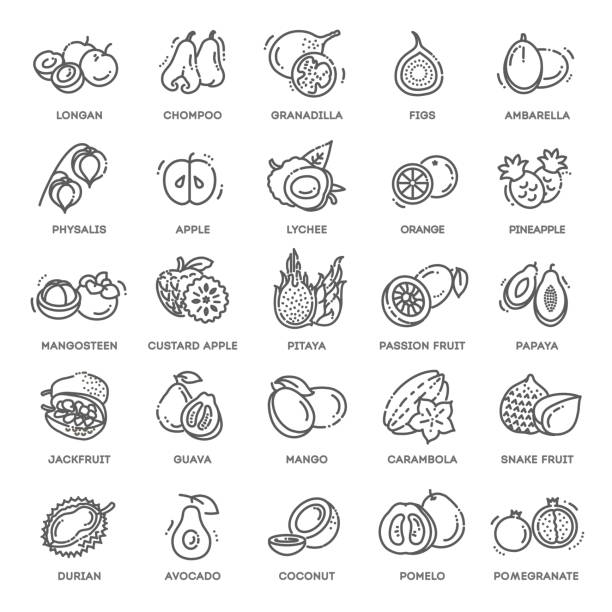 Fruits, exotic fruits, vegetarian - flat icon set Fruits, exotic fruits, vegetarian - minimal thin line web icon set starfruit stock illustrations