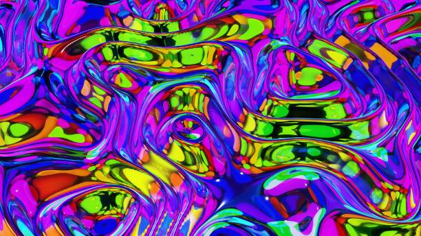 istock 3d render. Liquid pattern like waves. 3D stylish abstract iridescent bg of wavy surface like brilliant liquid glass with rainbow beautiful gradient colors. Trendy colorful fluid 1352747841