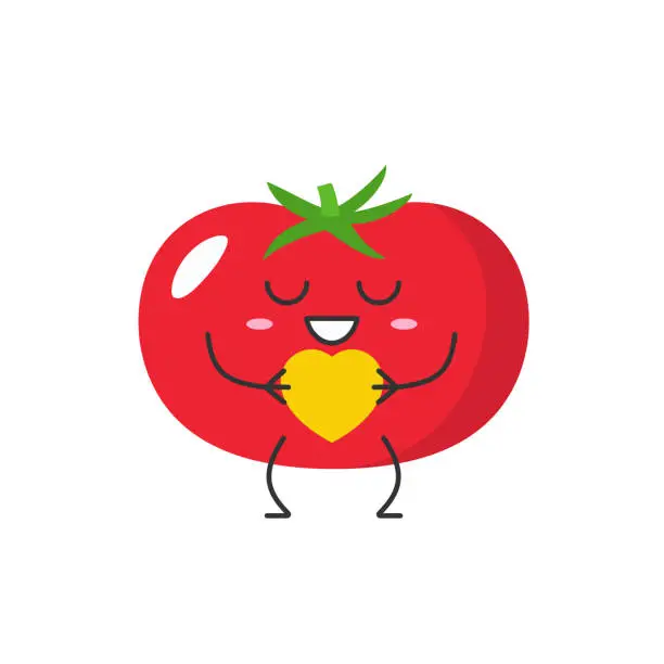 Vector illustration of Tomato cute character cartoon love sign heart favorite smiling face emotions joy happy ripe red tomatoes icon beautiful vector illustration.