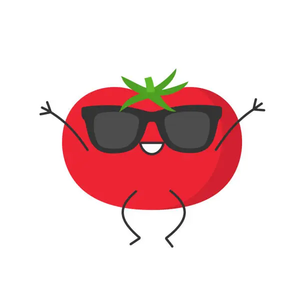 Vector illustration of Tomato cute character cartoon jumping smiling face emotions joy happy ripe red tomatoes icon beautiful vector illustration.
