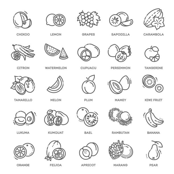 Fruits, exotic fruits, vegetarian - flat icon set Fruits, exotic fruits, vegetarian - minimal thin line web icon set citron stock illustrations