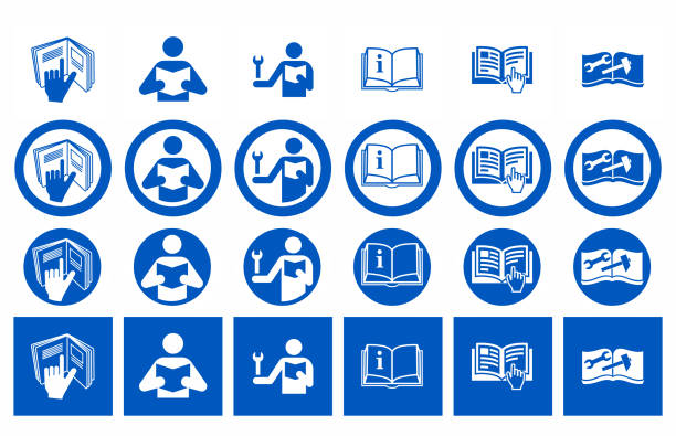 Set of Manual book symbols with hand. Read before use. Refer to instruction manual booklet mandatory signs Set of Refer to instruction manual signs. Vector illustration of circular blue signs with hand points to open book. Read instruction booklet before start work. Safety labels. handbook stock illustrations