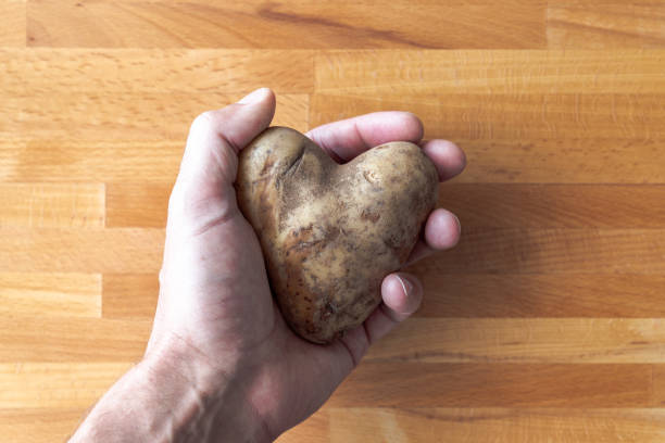 ハート型のジャガイモを持つ男のクローズアップは、木製のまな板の背景で手の中にしっかりと握りしめました。 - heart shape raw potato food individuality ストックフォトと画像