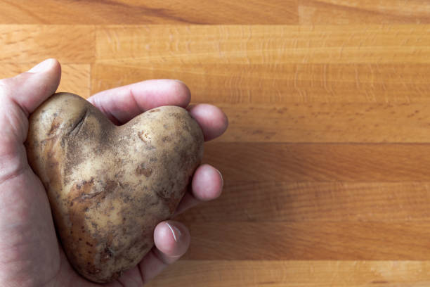 ハート型のジャガイモを持つ男のクローズアップは、木製のまな板の背景で手の中にしっかりと握りしめました。 - heart shape raw potato food individuality ストックフォトと画像