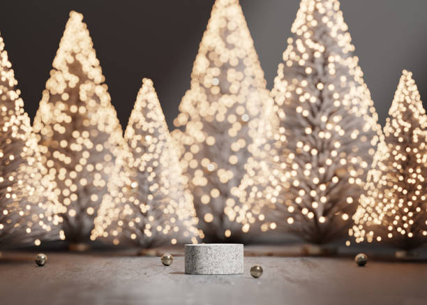 istock 3D podium display, Christmas tree background for product. Modern Christmas dark backdrop with stone stand. Nature pedestal concrete, luxury showcase. Studio abstract, winter 3D render. 1352752753