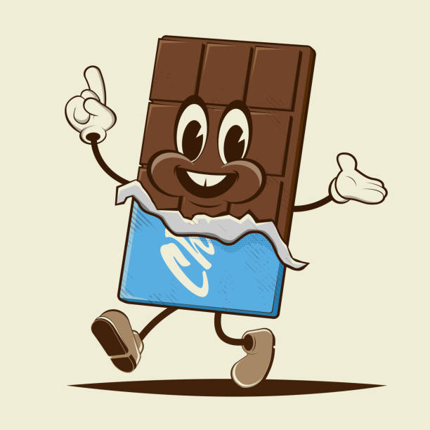 블루 페이퍼 래핑 재미있는 만화 초콜릿 바 - milk chocolate illustrations stock illustrations