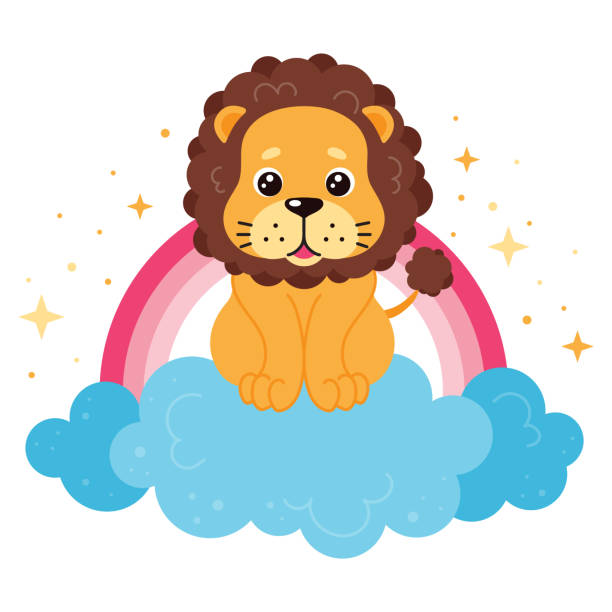 Cute little lion cub smiling and sitting on blue clouds with rainbow and stars. Wildlife Animal king. Cute little lion cub smiling and sitting on blue clouds with rainbow and stars. Wildlife Animal king. Vector cartoon isolated illustration. little rainbow clipart patterns stock illustrations