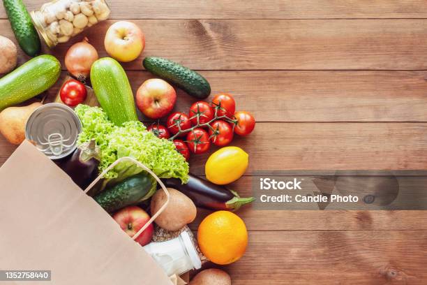 Paper Shopping Food Bag With Grocery And Vegetables Stock Photo - Download Image Now