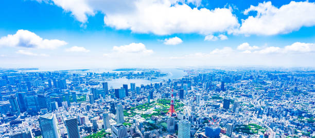 foto aérea de la torre de tokio - tokyo prefecture tokyo tower japan cityscape fotografías e imágenes de stock