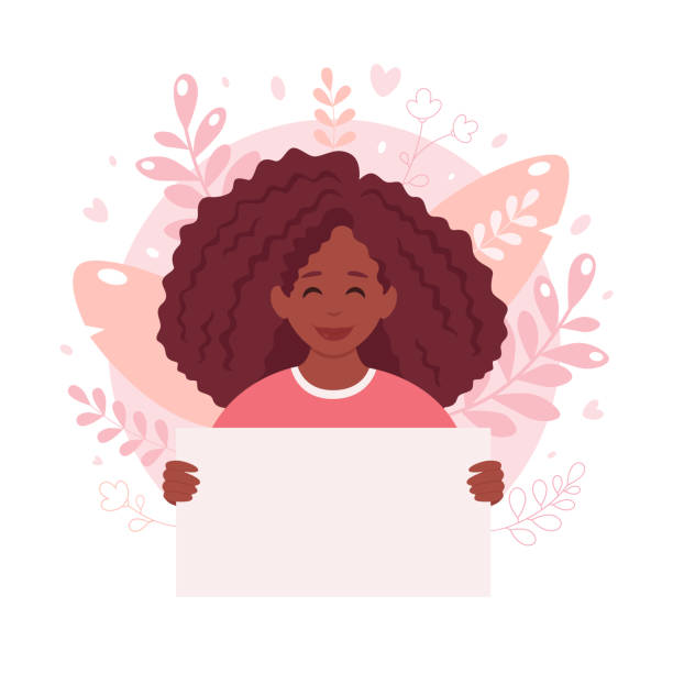 ilustrações, clipart, desenhos animados e ícones de mulher negra segurando faixa vazia. mulher sorridente com cartaz vazio. ilustração vetorial - poster advertise protest presentation