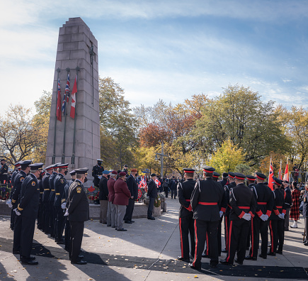 Windsor, Ontario, Canada - November 11, 2021:  Remembrance Day in Windsor, Ontario, on the grounds of Windsor City Hall.  The day honours fallen Canadian Soldiers and all who gave services in the Armed Forces through various wars, conflicts and miscellaneous missions.