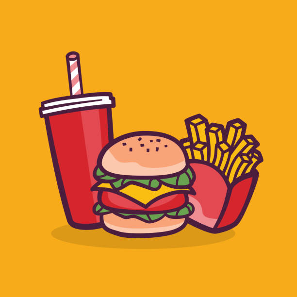 Fast Food Meal Of Hamburger, French Fries And Soft Drinks. Junk Food. Set Of Fast Food Meal With Hamburger, French Fries And Soft Drinks In Hand-Drawn Style. Full Length, Isolated On Solid Color Background. Vector, Illustration, Hand-Drawn Design. french fries stock illustrations
