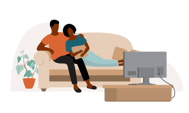 ilustrações, clipart, desenhos animados e ícones de casal negro assistindo tv no sofá juntos. - couple full length embracing white background