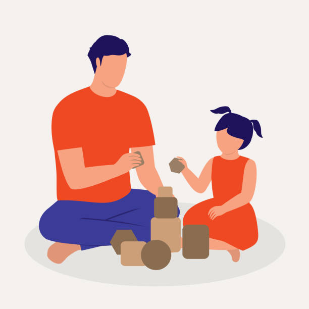 Father And Daughter Playing Together. Father And Daughter Playing Toy Building Blocks Together. Full Length, Isolated On Solid Color Background. Vector, Illustration, Flat Design, Character. father daughter stock illustrations