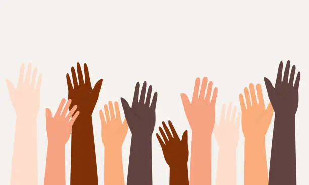 Vector illustration of Multi-Ethnic Group Of Hands Raising Up.