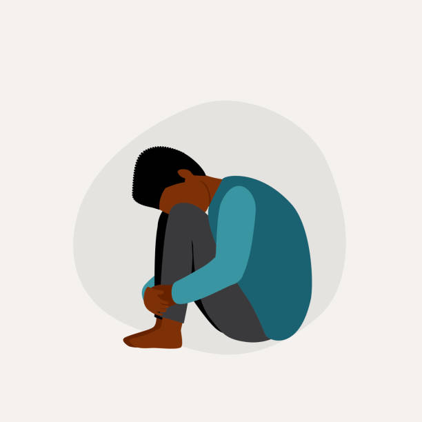 Sad Little Black Boy. Sad Little Black Boy With Head Down And Hugging His Knees. Full Length, Isolated On Solid Color Background. Vector, Illustration, Flat Design, Character. face down stock illustrations