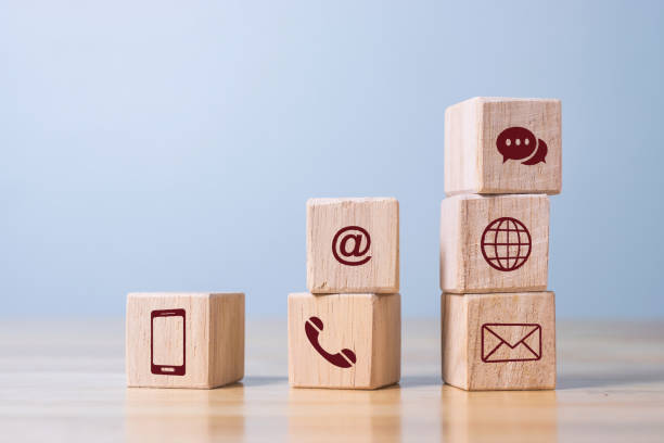 istock Wooden cube with search, telephone, email, address, chat. four basic human connection concept. 1352770814