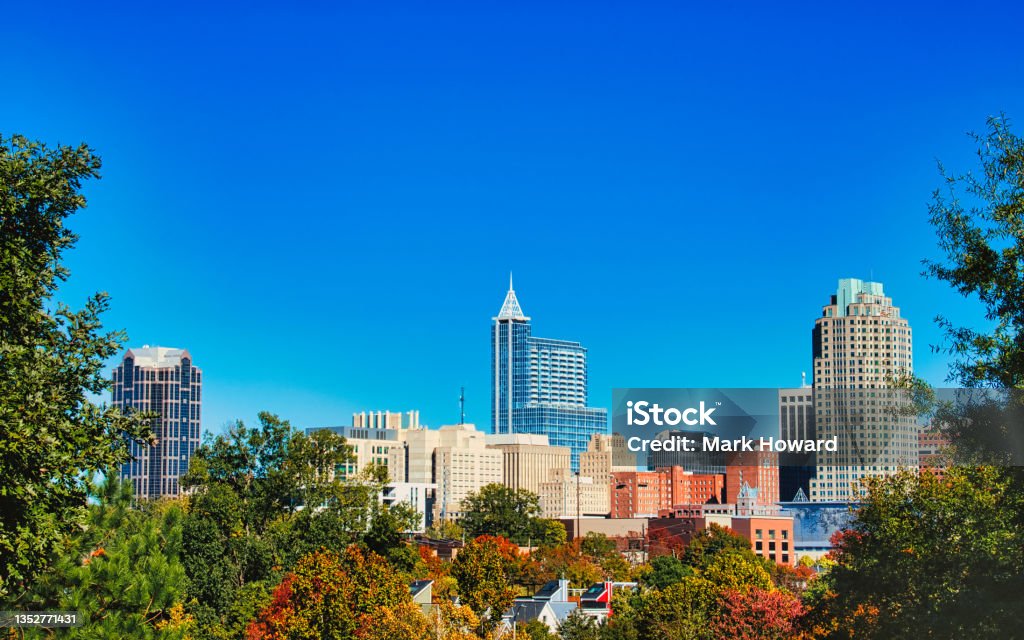 Raleigh Autumn Cityscape A beautiful cityscape in fall of the capital city Raleigh, North Carolina under a clear blue sky. Raleigh - North Carolina Stock Photo