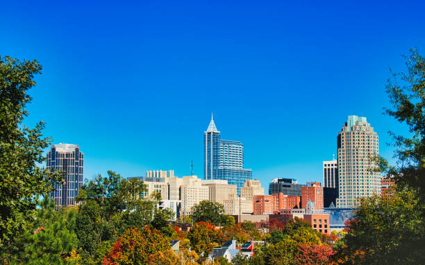 Raleigh Autumn Cityscape A beautiful cityscape in fall of the capital city Raleigh, North Carolina under a clear blue sky. raleigh north carolina stock pictures, royalty-free photos & images