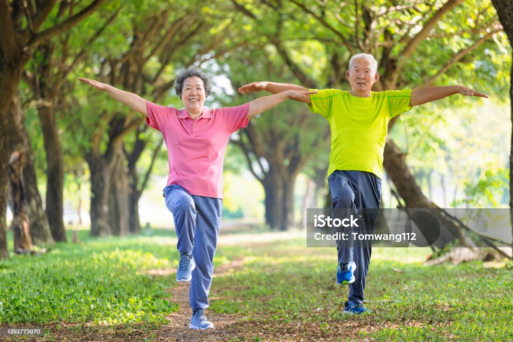 Happy senior couple exercising in the park Balance Stock Photo