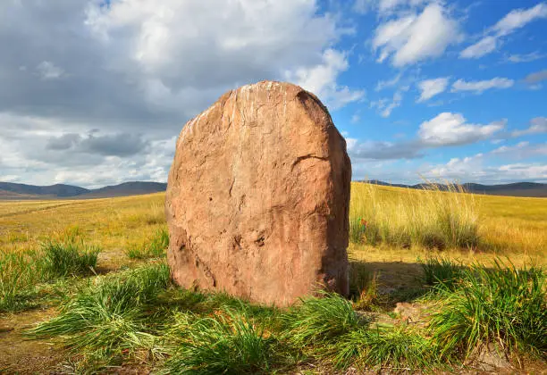 Photo of Stone stele in the steppes of Khakassia.