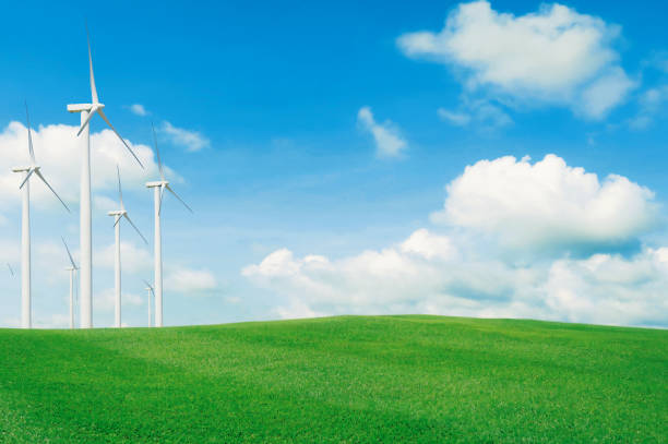 istock Landscape  lawn with  wind turbin 1352778303