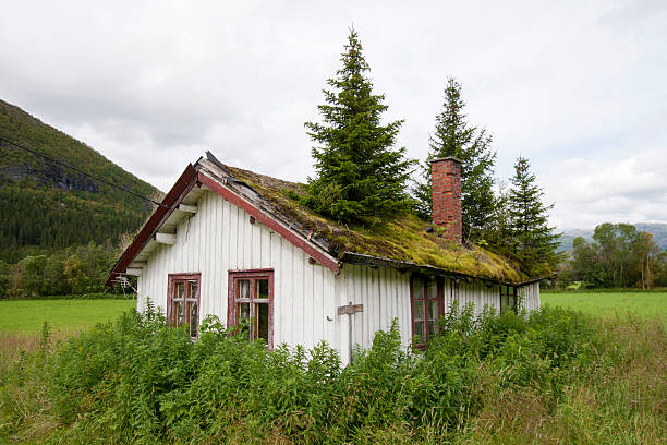 Norwegian mountain landscape with typical wooden cabin, Norway
