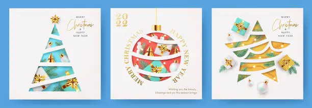 Vector illustration of Xmas modern design set in paper cut style with Christmas tree, ball, star golden blue and white gifts, pine branches and lights on white background. Christmas cards, posters, holiday covers or banners