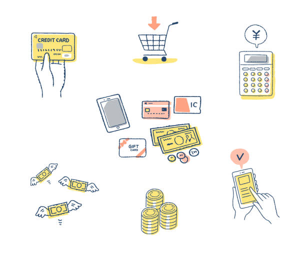 A set of illustrations of various payment methods Shopping, clearing method, smartphone, cash, solvency stock illustrations