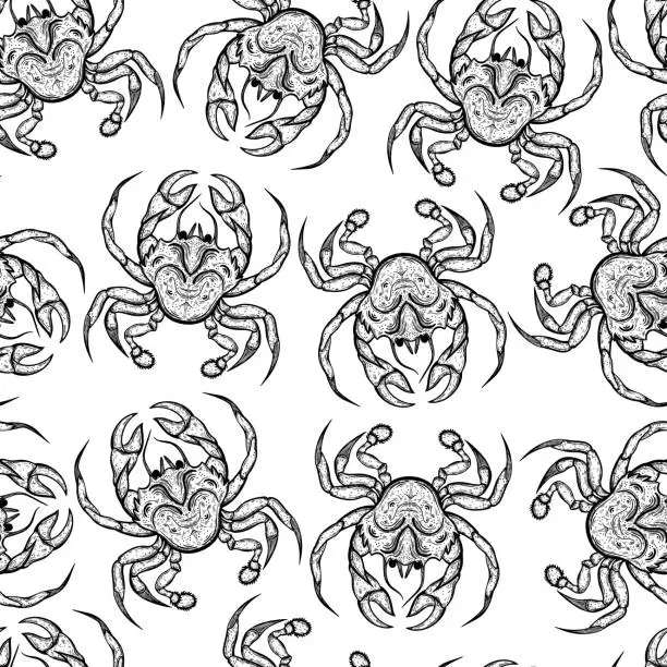 Vector illustration of Fresh crabs seamless vector pattern. Hand-drawn illustration. Sketch of seafood delicacies. Engraving ocean animals on a white background. Crayfish in shell monochrome concept.