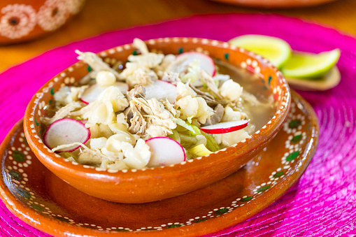 Pozole famous Mexican dish, it is a corn grain broth, it is usually prepared with pork or chicken meat, as there are a variety of pozoles.