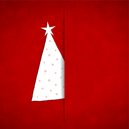 A vector illustration of a white christmas tree in the middle of a red background peeping out like a teaser giving a tease. Apt for Xmas, Christmas, New Year Day New year's eve, holidays, vacations, theme backgrounds, greeting cards, posters, banners and backdrop. The tree is being inserted into a vertical opening or cut on the sheet, looks like an envelope. Only half of the tree is visible, the rest is hidden or concealed.