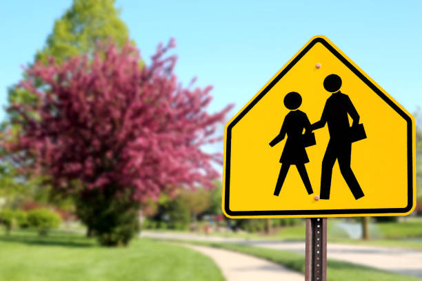 istock Traffic sign.  School zone  yellow warning board. 1352801702