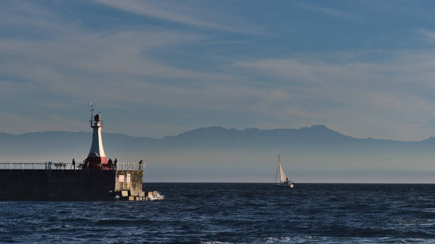 Beautiful view of Ogden Point Breakwater Lighthouse on the harbour entrance of Victoria, Canada in the afternoon light with tourists and the Olympic Mountains in background. Beautiful view of Ogden Point Breakwater Lighthouse on the harbour entrance of Victoria, British Columbia, Canada in the afternoon light with tourists and the Olympic Mountains in background. groyne stock pictures, royalty-free photos & images