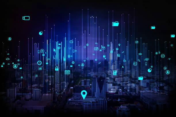 City scape at night and network connection concept stock photo