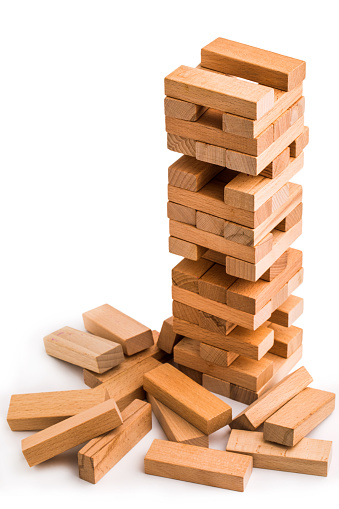 Close up blocks wood game isolated on white background.