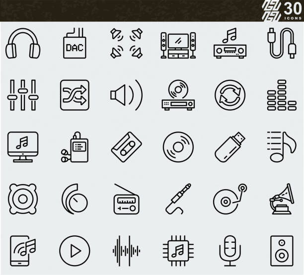 музыка , аудио , hifi , hi-end , аудиофил, цифро-аналоговый преобразователь линейные иконки - digital video disk stock illustrations