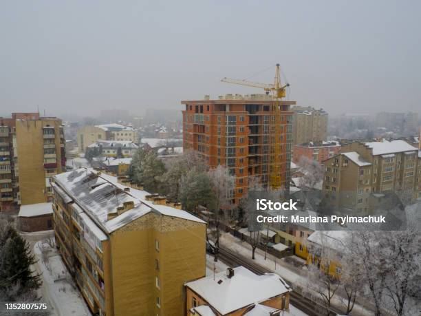 City View On A Snowy Winter Day Stock Photo - Download Image Now - Architecture, Backgrounds, Building - Activity