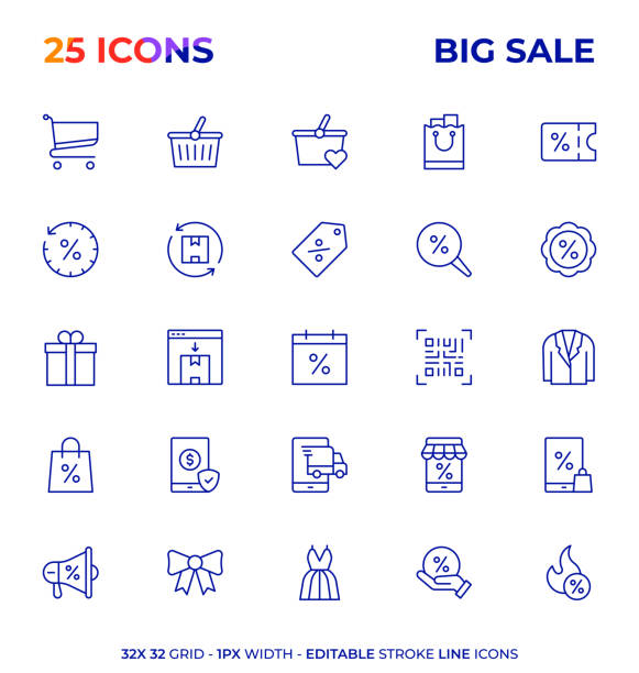 ilustrações de stock, clip art, desenhos animados e ícones de big sale editable stroke line icon series - retail occupation flash