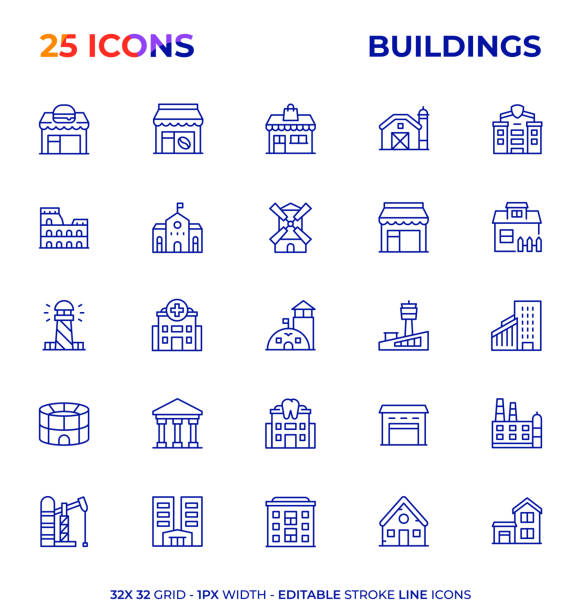 ilustrações de stock, clip art, desenhos animados e ícones de buildings editable stroke line icon series - building