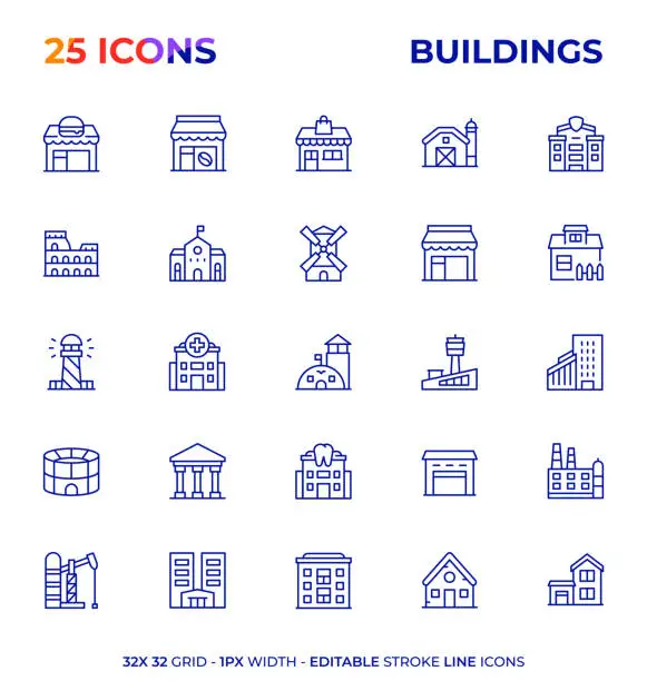 Vector illustration of Buildings Editable Stroke Line Icon Series